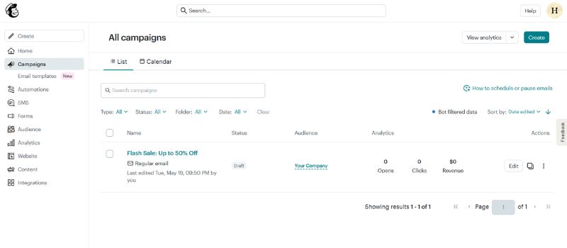Mailchimp campaigns dashboard showing a draft email campaign with audience details, opens, clicks, and revenue metrics.