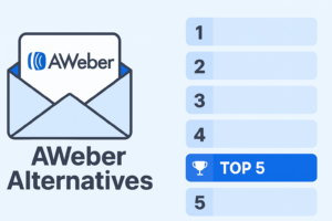 Illustration featuring an envelope with "AWeber" inside, alongside the text "AWeber Alternatives 2025" next to a list. The fourth item highlights "TOP 5.