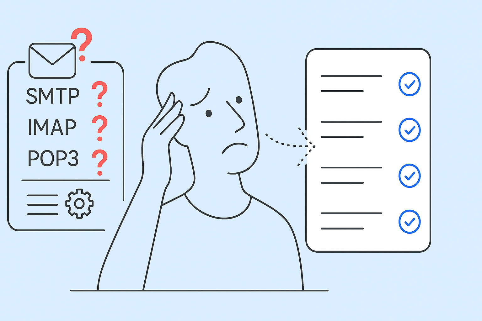 Line drawing of a confused person looking at email protocols SMTP, IMAP, POP3 with question marks, next to a checklist with blue checkmarks highlighting GoDaddy Email Settings.