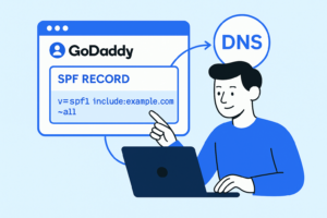 Illustration of a person completing SPF setup by adding "v=spf1 include:example.com ~all" for email authentication to GoDaddy SPF Records in DNS settings on a laptop.
