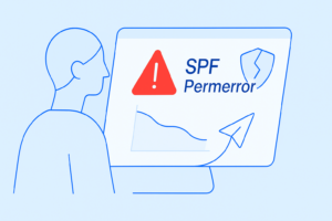 Illustration of a person looking at a computer screen displaying an SPF Permerror warning, highlighting email deliverability issues with a downward graph and a broken shield icon.