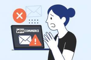 Illustration of a concerned woman looking at a laptop displaying WooCommerce setup, error symbols, and an email icon, suggesting a problem with WooCommerce emails going to spam.