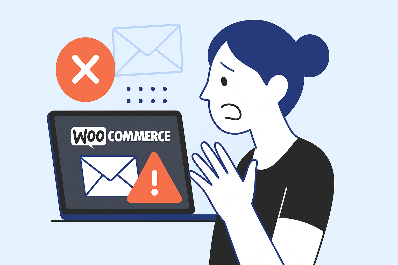 Illustration of a concerned woman looking at a laptop displaying WooCommerce setup, error symbols, and an email icon, suggesting a problem with WooCommerce emails going to spam.