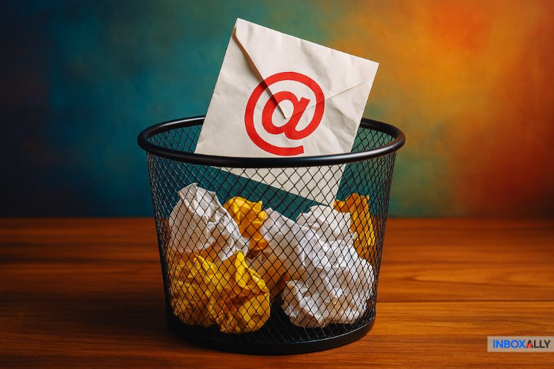 A paper with an "@" symbol is sticking out of a wire trash bin filled with crumpled papers, reminiscent of discarded email spam, set against a multicolored background.