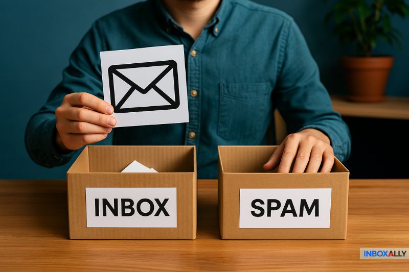 A person is carefully placing an email icon into a cardboard box labeled "INBOX," situated beside another box marked "SPAM.