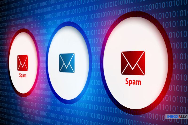 Three circular icons with envelope symbols are shown; the left and right circles are labeled "Spam," while the center circle is unlabeled. Binary code forms the background, illustrating an email error like SMTP error 550 5.7.0 Local Policy Violation.