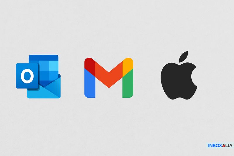 Logos of Microsoft Outlook, Gmail, and Apple displayed side by side on a light gray background, highlighting common email error issues like the 550 5.7.0 Message Size Violation.