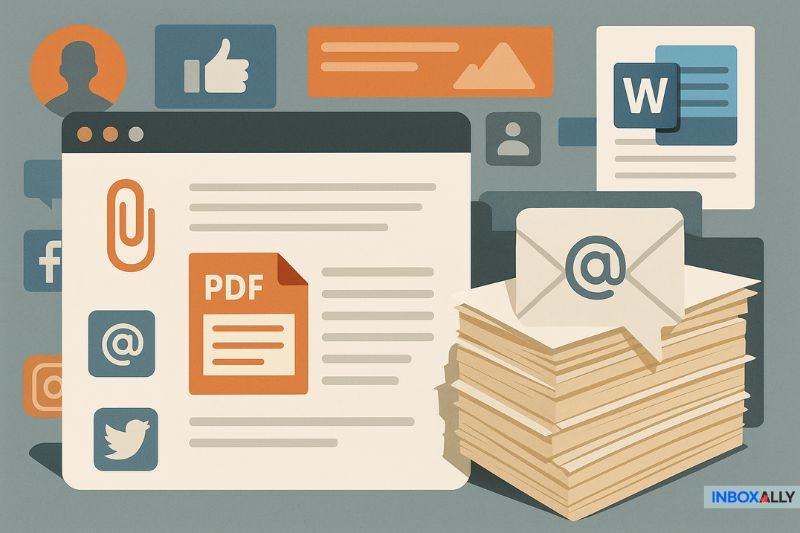 Illustration of digital communication tools, showing emails, PDF and Word document icons, social media symbols, and a stack of papers—highlighting how to solve issues like message size violation errors such as 550 5.7.0 in online correspondence and file sharing.