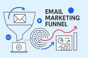 Illustration depicting an email marketing funnel with icons of a funnel, email, laptop, target, upward arrow, and analytics charts. Text reads "Build Email Funnel" to showcase effective email marketing strategies.