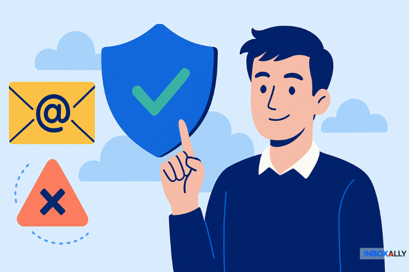 Illustration of a person pointing at a shield with a checkmark, an email icon, and a warning symbol nearby, representing email security concepts like SPF Record and Inbox Placement.