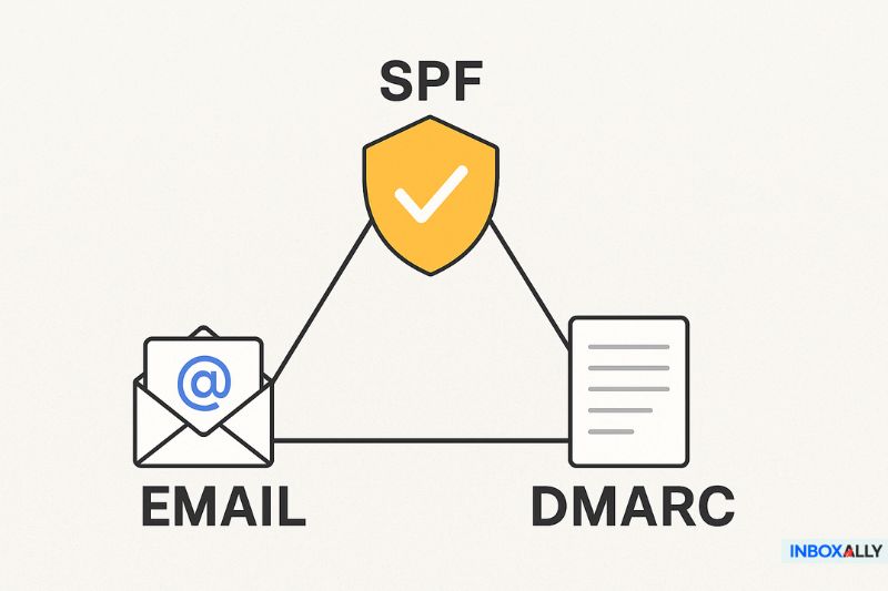 Diagram showing the relationship between SPF record, Email, and DMARC, with SPF represented as a shield linking Email and DMARC to help improve inbox placement when using services like Amazon SES.