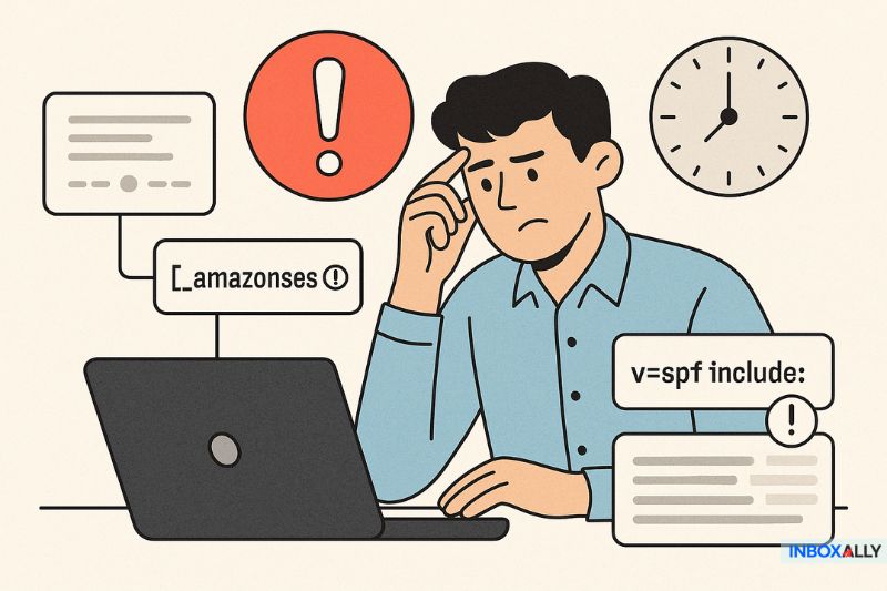 An illustrated man sits at a laptop, surrounded by warning symbols, chat boxes, and SPF Record snippets related to Amazon SES, appearing concerned about inbox placement.