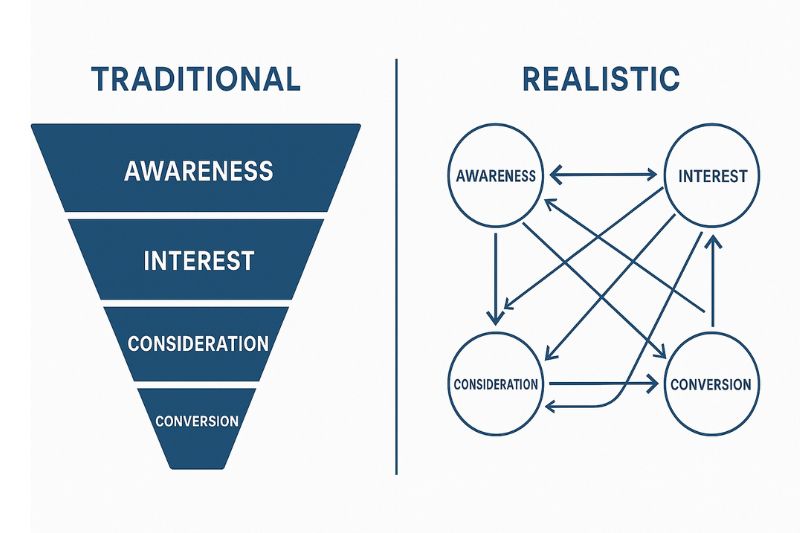 Visual comparison of a traditional linear sales funnel and a realistic, interconnected email marketing funnel, highlighting multiple pathways between stages and showcasing how to build an effective email funnel for greater conversions.