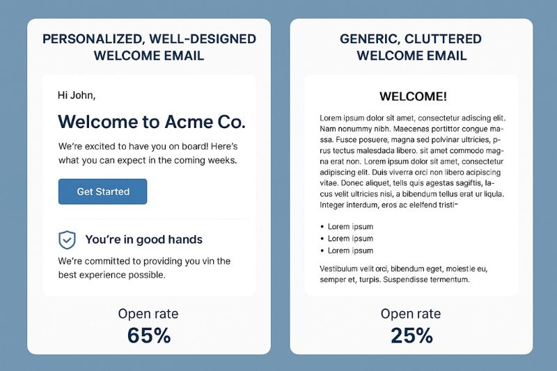 Comparison of two welcome emails: a personalized, well-designed version with a 65% open rate, and a generic, cluttered one with 25%, highlighting their impact on your email marketing funnel.