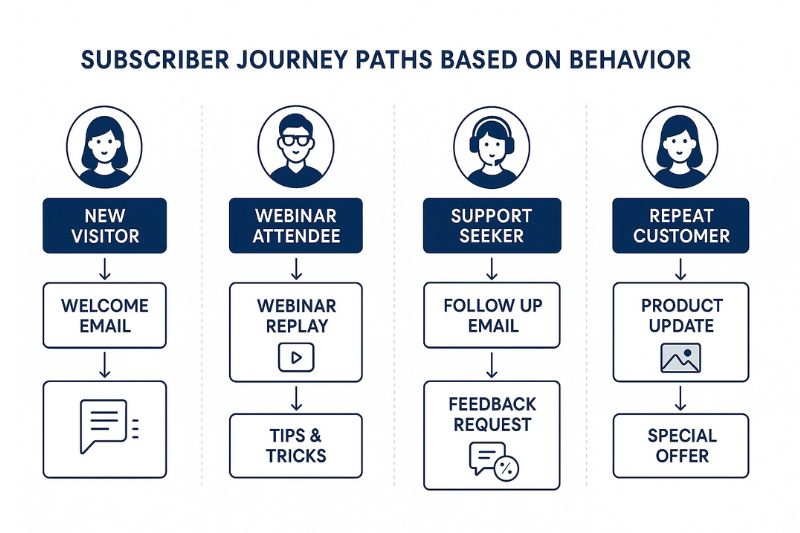 A flowchart showing four subscriber journey paths—new visitor, webinar attendee, support seeker, and repeat customer—with arrows illustrating actions and communications in an email marketing funnel.