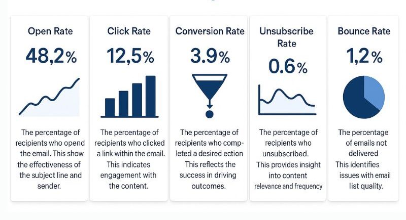 Email marketing dashboard showing key metrics for your email marketing funnel: Open Rate 48.2%, Click Rate 12.5%, Conversion Rate 3.9%, Unsubscribe Rate 0.6%, and Bounce Rate 1.2%, each with explanatory text.