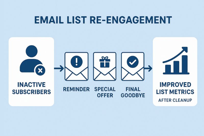 Flowchart showing steps for re-engaging inactive email subscribers in your email marketing funnel: reminder, special offer, final goodbye—leading to improved list metrics after cleanup.