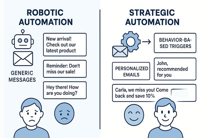 Side-by-side comparison of robotic automation with generic messages and sad faces, versus a strategic email marketing funnel featuring personalized messages and happy faces.