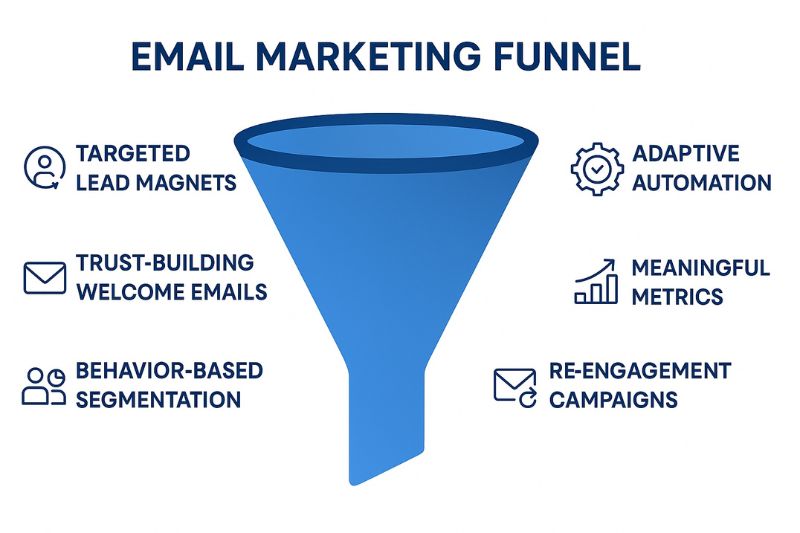 A blue marketing funnel diagram labeled "Email Marketing Funnel" highlights six key steps: targeted lead magnets, welcome emails, segmentation, automation, metrics, and re-engagement campaigns.
