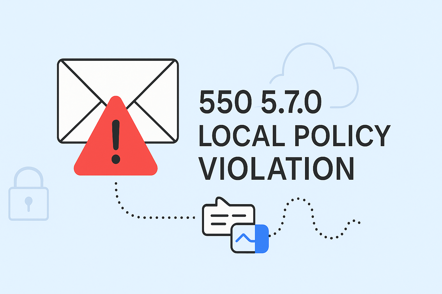 Envelope icon with red warning triangle, speech bubbles, and text: "550 5.7.0 LOCAL POLICY VIOLATION" on a light blue background with cloud and lock graphics.
