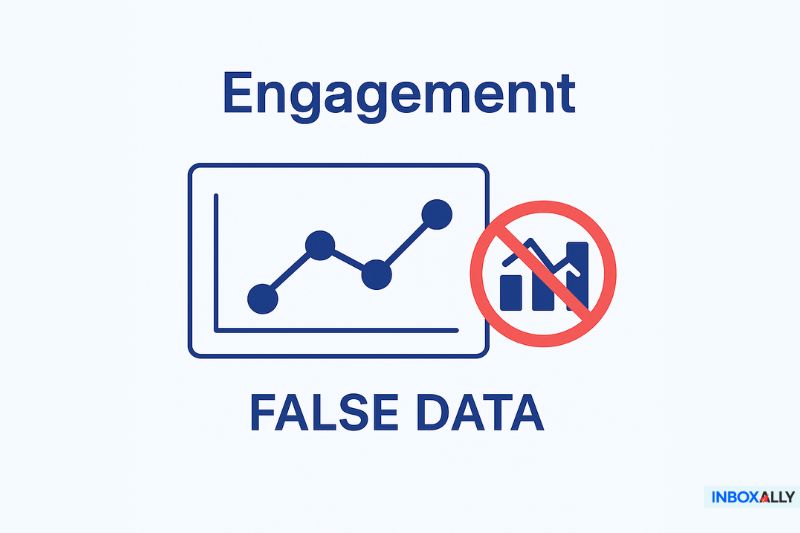 A line graph with an upward trend appears next to a bar chart with a red prohibition symbol, illustrating the impact of using a catch-all email solution. The words "Engagement FALSE DATA" are displayed above and below.