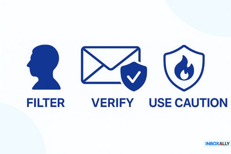 Three icons illustrate security steps: a profile with "FILTER," an envelope with a checkmark and "VERIFY," and a shield with a flame and "USE CAUTION"—smartly handle catch-all email for enhanced protection.