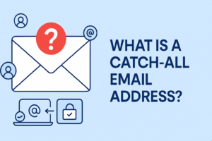 Illustration of an envelope with a question mark and email icons, next to the text "What is a catch-all email address?" on a light blue background, explaining how businesses handle catch-all emails.
