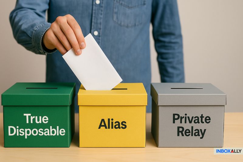A person places a white envelope into a yellow box labeled "Alias," next to green "True Disposable Email Address" and gray "Private Relay" boxes.