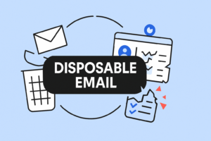 Illustration showing "DISPOSABLE EMAIL" text with icons of an envelope, trash bin, and documents on a light blue background, representing the concept of a temporary email or throwaway email address.