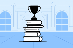 A black trophy sits atop the best books on email marketing in a spacious room with large arched windows and light blue walls.