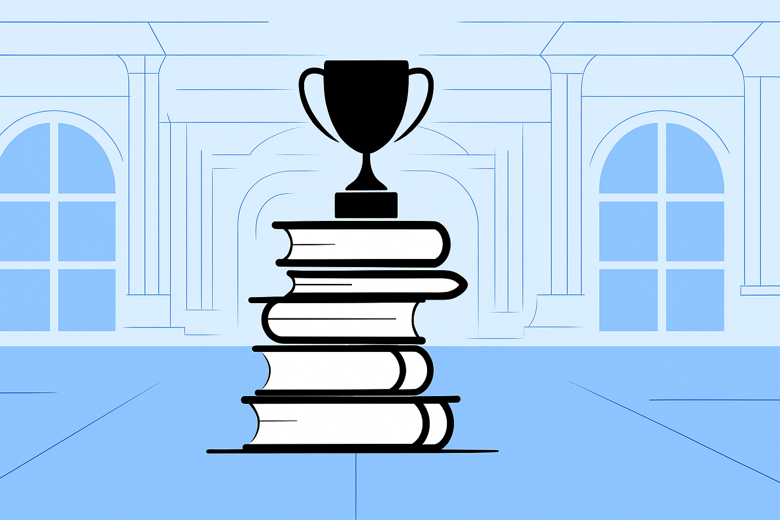 A black trophy sits atop the best books on email marketing in a spacious room with large arched windows and light blue walls.