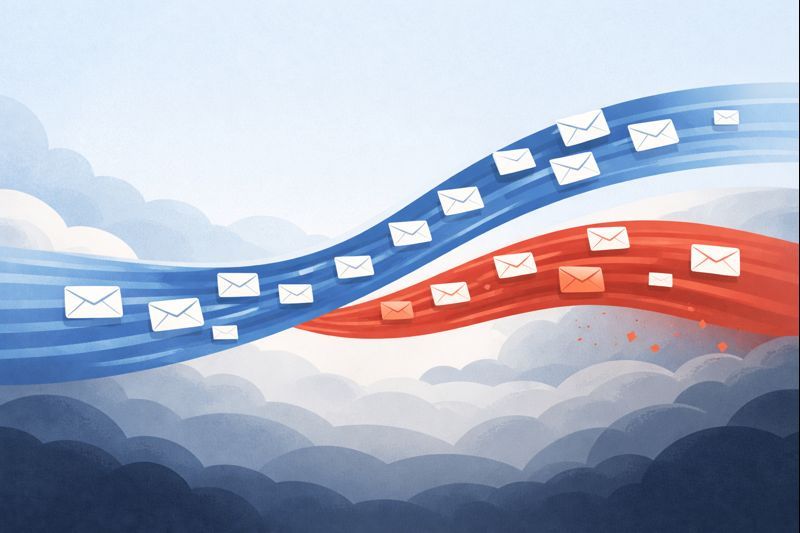 Illustration of blue and red ribbons with floating envelopes, symbolizing Bulk Email Practices for 2025 and modern communication, set against a cloudy sky background.
