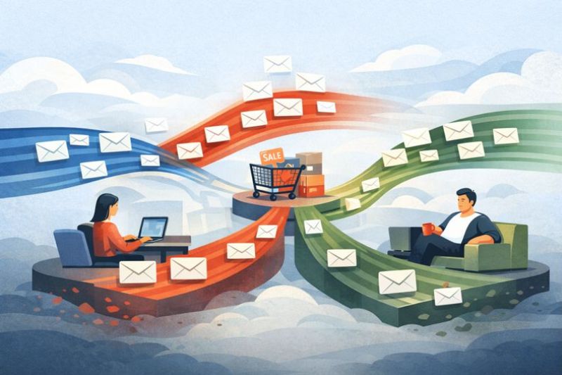 Two people using laptops exchange emails, illustrating Bulk Email Practices for 2025, with messages flowing between them and a shopping cart filled with sale items in the center.