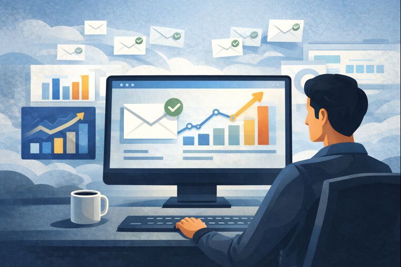 A person sits at a desk with a computer displaying charts, graphs, and email icons—suggesting data analysis and effective Bulk Email Practices for 2025. A coffee mug rests on the desk, completing this productivity scene.