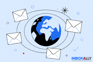 Illustration of a globe surrounded by orbiting envelopes, symbolizing global email communication and modern Bulk Email Practices for 2024, with the InboxAlly logo in the bottom right corner.