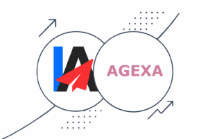Two overlapping circles: one with "IA" in black and blue, featuring a red paper airplane, and the other with "Agexa" in pink; arrows and dotted lines highlight Open Rate and decorate the background.