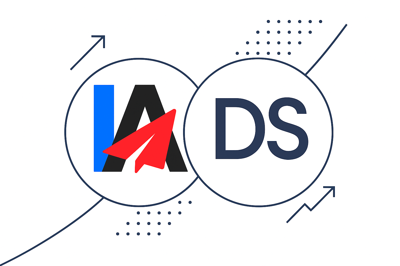 Two overlapping circles with "IA" and "DS"; a red paper plane overlays "IA"—representing InboxAlly. Arrows curve around the circles, suggesting Improved Open Rates, with dotted lines in the background.