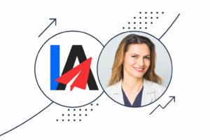 A woman smiling in a circular frame is next to a graphic with the letters "IA" and a red paper plane, connected by arrows and dotted lines, illustrating a Case Study of Wellness Brand on a white background.
