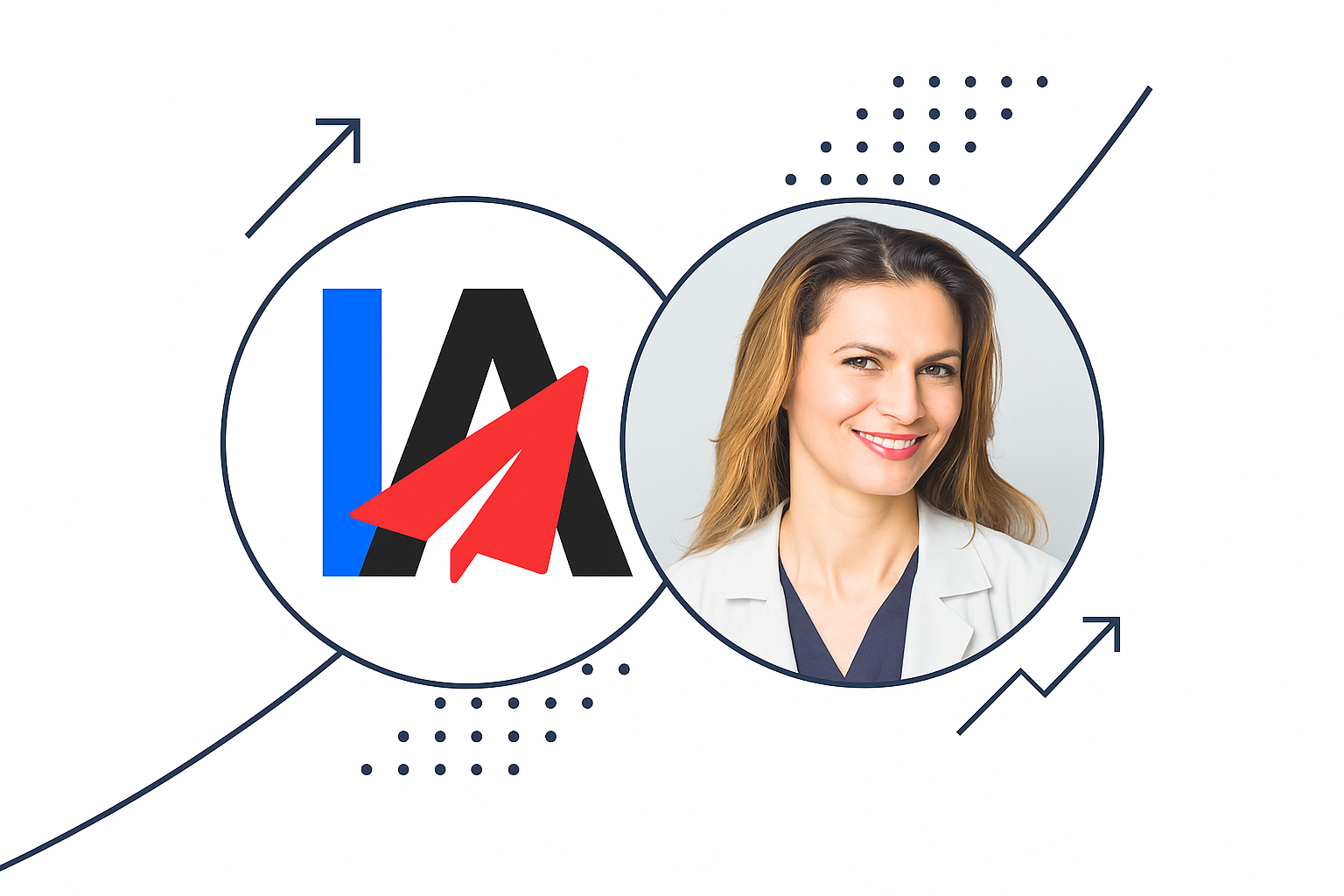 A smiling woman in a white coat is shown next to a graphic with "IA" letters, a red paper airplane, and upward arrows, indicating a professional or business context.