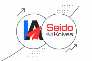 Two overlapping circles display the "IA" logo for InboxAlly with a red paper plane and the Seido Knives logo with Japanese text, surrounded by arrows and dotted lines, symbolizing connections in email deliverability.