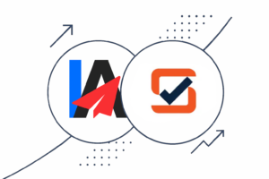 Two overlapping circles feature different logos: one with "IA" and a red paper plane representing InboxAlly, the other with an orange square and a blue checkmark. Arrows and dotted lines suggest Google reputation connections between them.