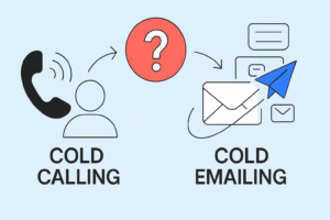 Illustration comparing Cold Calling vs. Cold Emailing with a phone icon and person for calling, and envelope plus paper plane icons for emailing, all connected by arrows and a question mark.