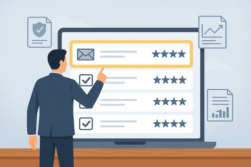 A person in a suit points at a computer screen displaying a list of emails with star ratings and document icons, demonstrating how to Get Replies by reaching the Right People.
