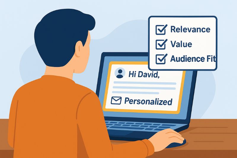 Illustration of a person at a laptop with a message saying "Hi David, Personalized" and a checklist of "Relevance," "Value," and "Audience Fit"—showcasing how cold email can help you reach the right people and get replies.
