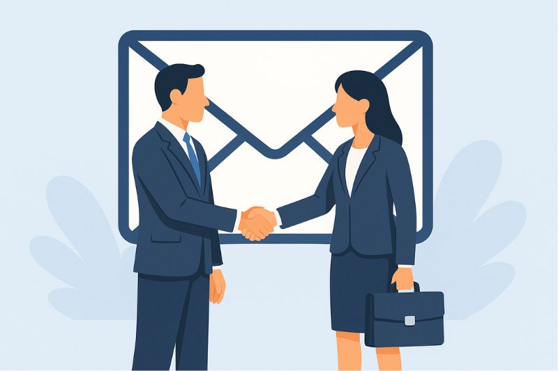 Two businesspeople in suits shake hands in front of a large envelope icon, symbolizing how a cold email can help you reach the right people and get replies, fostering agreement or communication.