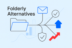 A diagram with a folder icon, envelope, shields, checkmarks, upward arrow, and bar chart highlights top Folderly Alternatives on a light blue background.