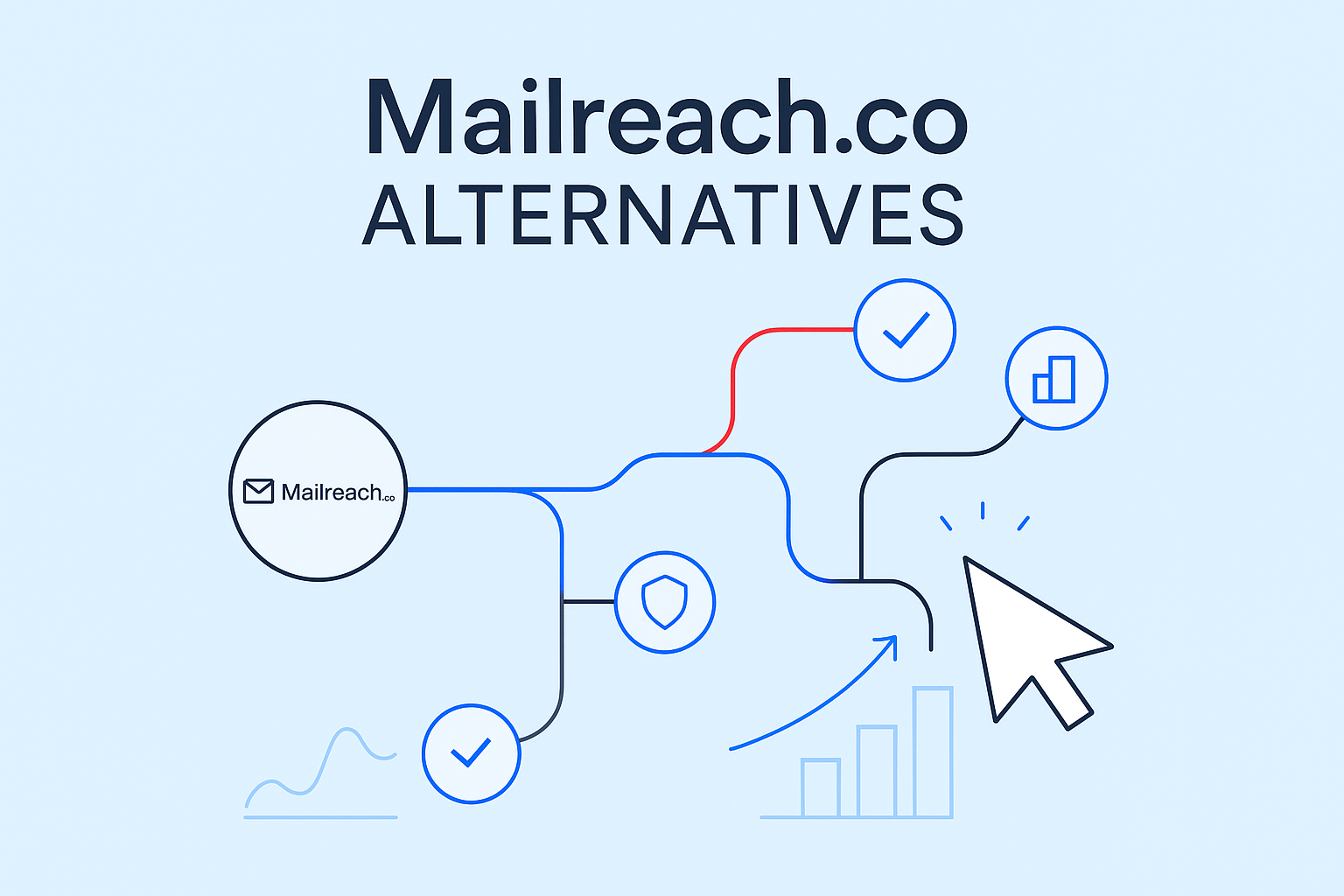 Illustration showing Mailreach.co Alternatives with icons for email, security, charts, and a cursor, all connected by colored lines on a light blue background.