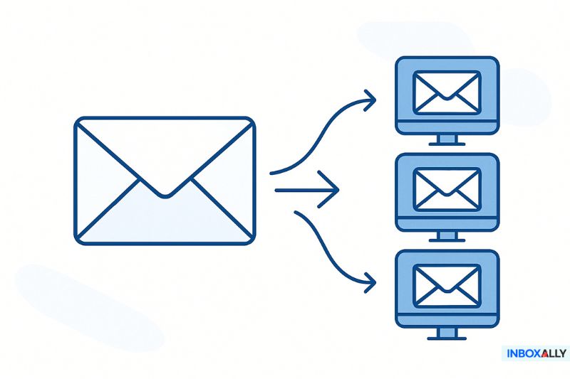 Un gran icono de sobre con flechas apuntando a tres monitores de ordenador, cada uno mostrando un sobre, representa un envío masivo de correo electrónico para una distribución eficaz de marketing por correo electrónico.