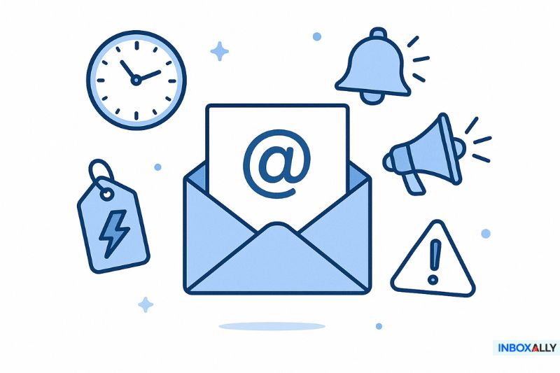 Illustration of an open envelope with an email symbol, surrounded by a clock, bell, megaphone, warning sign, and a tag—perfect for representing email marketing or an email blast campaign.