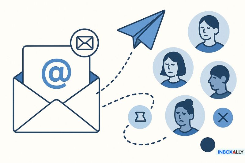 Illustration of an email blast being sent to multiple recipients, each showing unhappy faces, with symbols for unread or rejected messages—highlighting the challenges of email marketing.